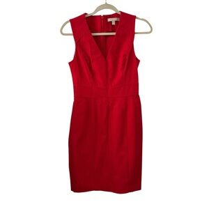 Banana Republic 4 petite Sleeveless V-Neck Red Sheath Dress Stretch Work Career